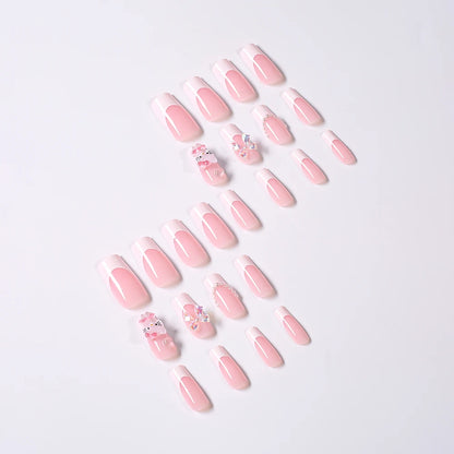 Pink French Fake Nails 3D Pink Hello Kitty, Aurora Bow, Pearl Design False Nail Medium Coffin Shaped Full Cover Press On Nails Good Vibrations