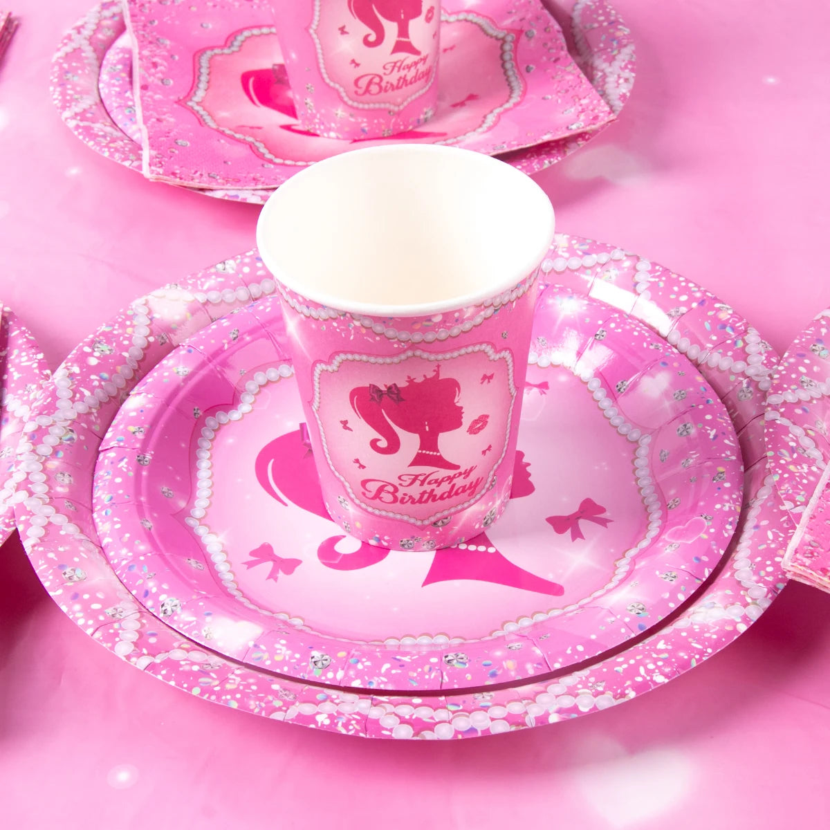 Pink Girls Party Disposable Tableware Paper Plate Cup Napkin Princess Kids Girl Birthday Party Decor Baby Shower Decor Supplies Good Vibrations