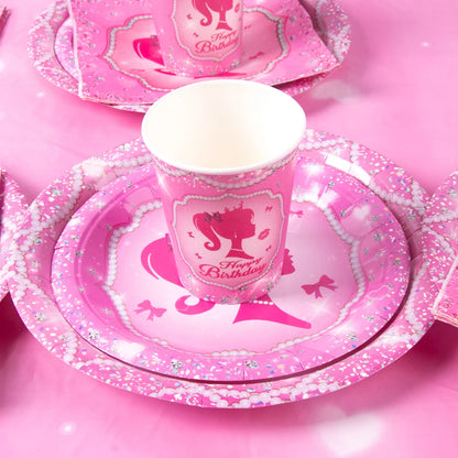 Pink Girls Party Disposable Tableware Paper Plate Cup Napkin Princess Kids Girl Birthday Party Decor Baby Shower Decor Supplies Good Vibrations