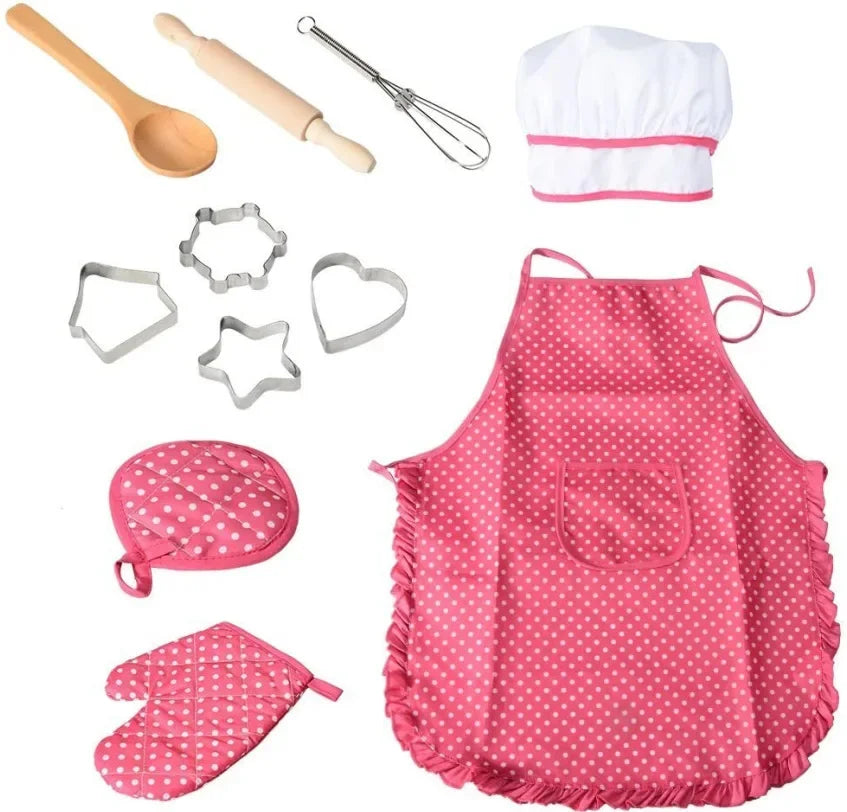 Apron for Little Girls 4/11Pcs Kids Kitchen Cooking Baking Pretend Play Set Simulation Pink Chef Baking Tool Play House Toys Good Vibrations