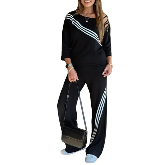 Women's Ribbed Tracksuit Set Long Sleeve Round Neck Top With Wide Leg Athletic Pants Outfit Good Vibrations