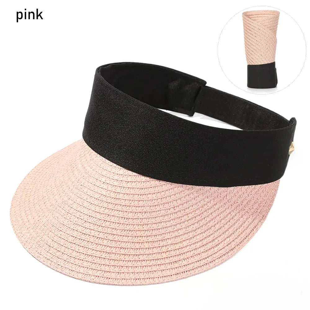 Foldable Portable Beach Hat Wide Brim Sun Hat Roll-up Summer Casual Straw Cap Visors For Women Good Vibrations