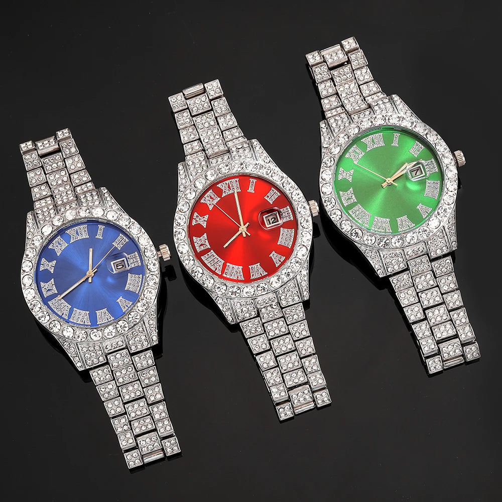 3pcs Men's Silver Watch Set Hip-hop Punk Inlay Diamond Watch+Cuban Chain+Bracelet Comes With Strap Adjuster Stylish Jewelry Gift Good Vibrations