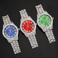 3pcs Men's Silver Watch Set Hip-hop Punk Inlay Diamond Watch+Cuban Chain+Bracelet Comes With Strap Adjuster Stylish Jewelry Gift Good Vibrations