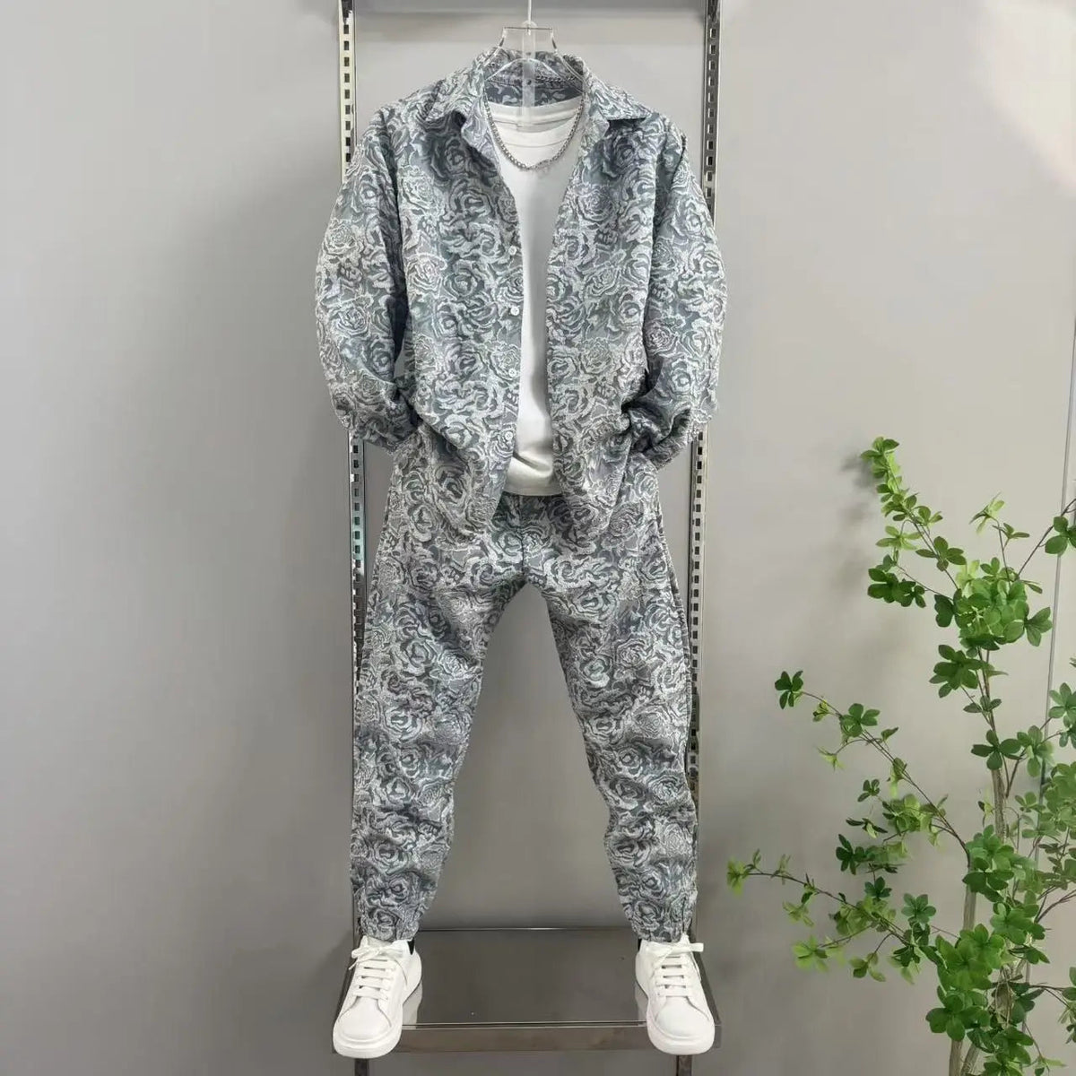 2025 New Men's casual fashion two-piece pants set, sporty lapel jacquard shirt, long-sleeved spring and autumn set Good Vibrations