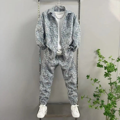 2025 New Men's casual fashion two-piece pants set, sporty lapel jacquard shirt, long-sleeved spring and autumn set Good Vibrations