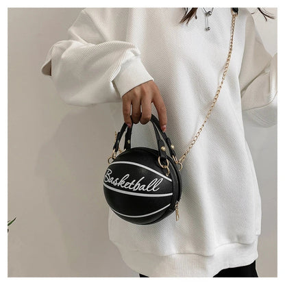 Women's Shoulder Bag PU Leather Chain Funny Round Basketball Letters Printed Youth Handbag Purse Fashion Crossbody Messenger Bag Good Vibrations