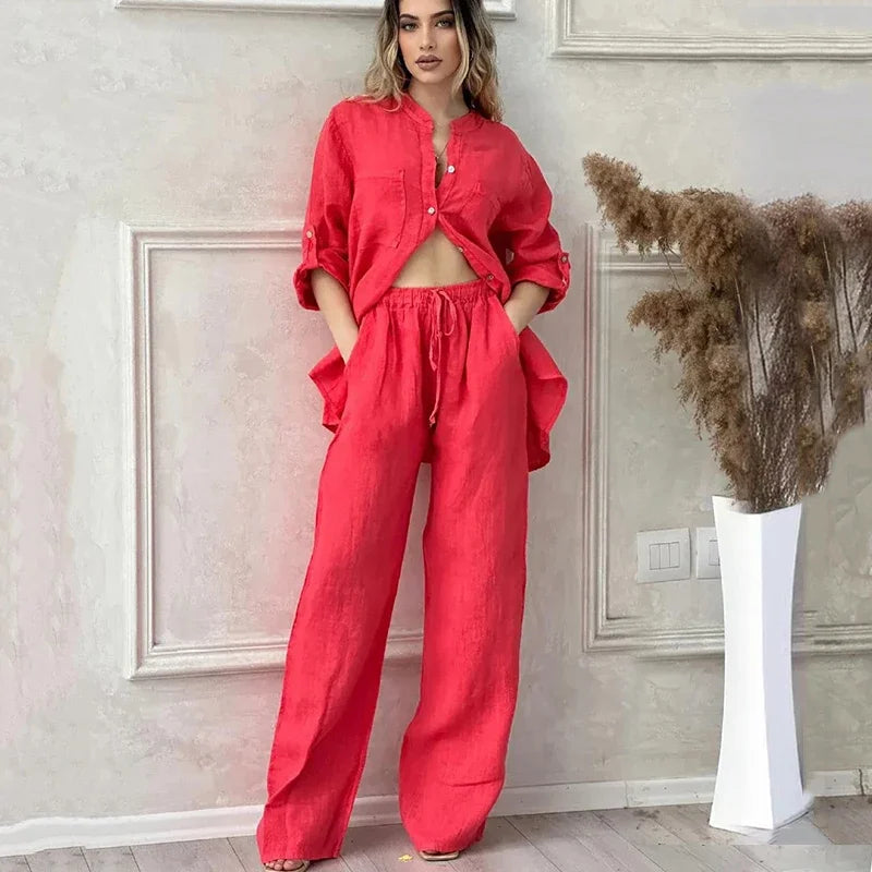 Women Two Piece Sets Spring Autumn Casual Long Sleeve Pocket Shirts 2 Piece Set Fashion Loose Wide Leg Pants OL Work Suit Outfit Good Vibrations