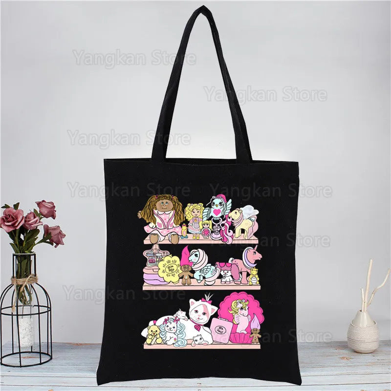 Kawaii Polly Pocket Shopping Bag Women Canvas Tote Bags Printing Eco Bag Cartoon Shopper Shoulder Bags Black Good Vibrations