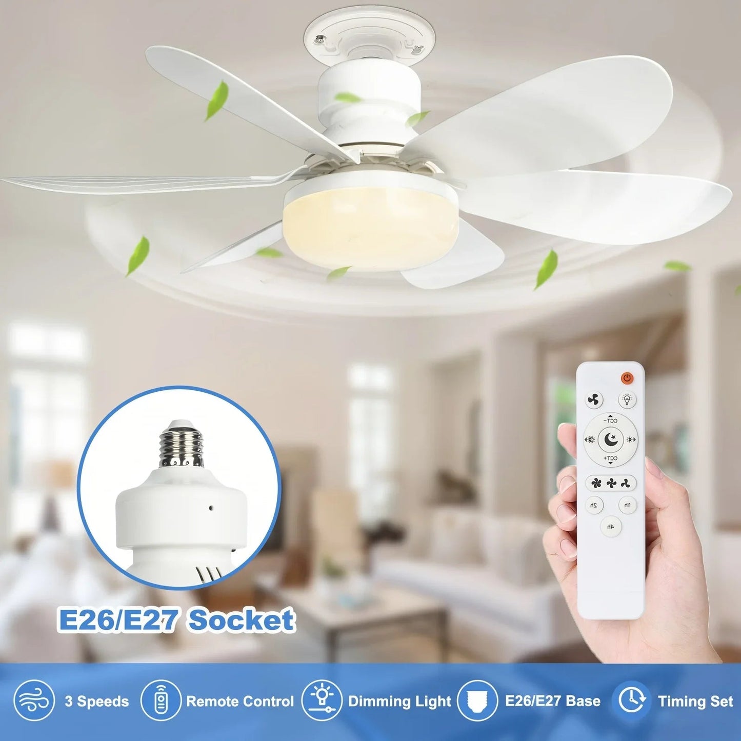 Socket Fan Light With Remote 20.5in Small Ceiling Fan With LED E26 27 Cordless Light Screw Fan For Kitchen Bedroom Small Room Good Vibrations