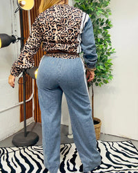 Fashion Women's Two-Piece Set Leopard Pattern Stripe Print Long Sleeve Pullover Drawstring Denim Pants Casual Pants Set Good Vibrations