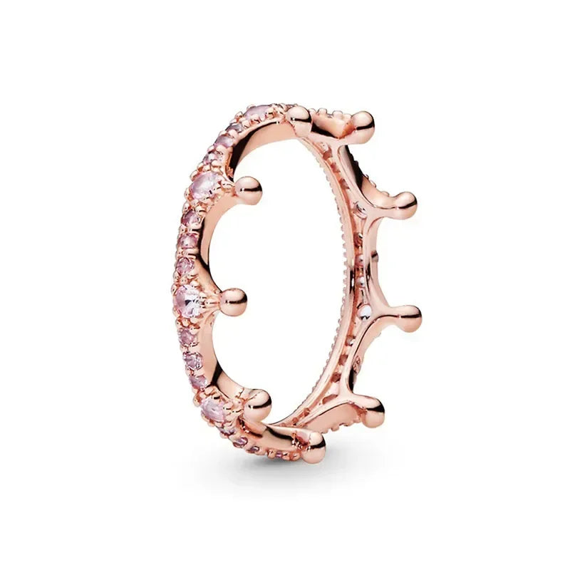 Fashion Jewelry 925 Sterling Silver Classic Rose Gold Series Ring Shining Crown Charm Ring Women's Birthday Exquisite Gift Good Vibrations