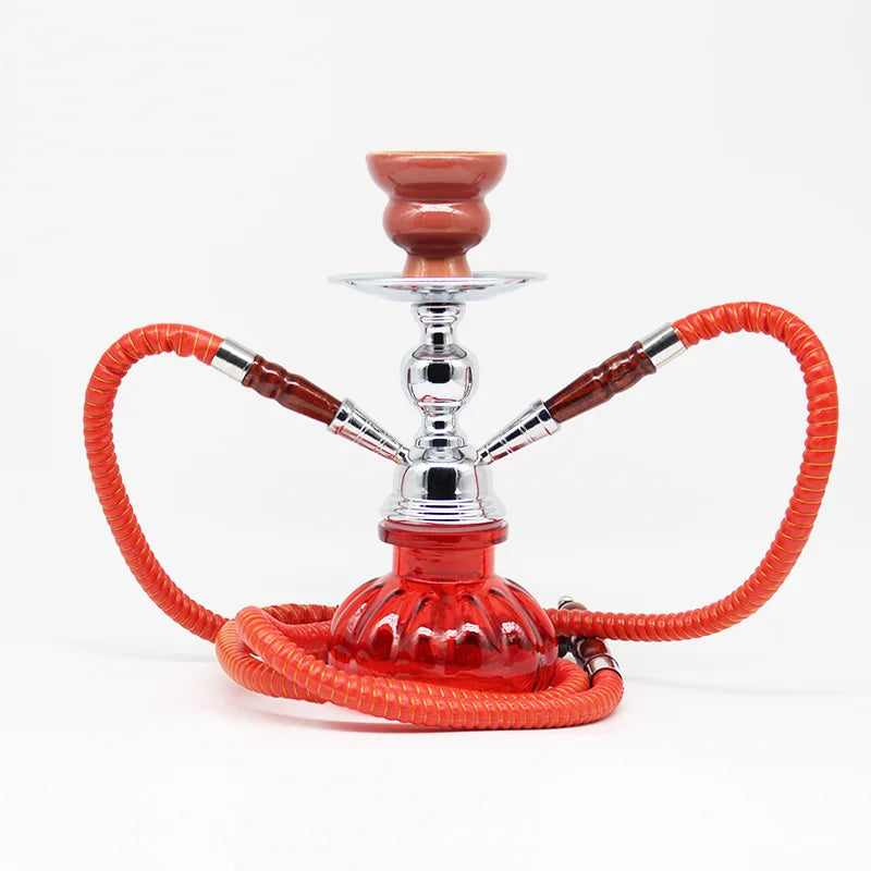 Small glass shisha pipe hookah set with single hose and bowl.