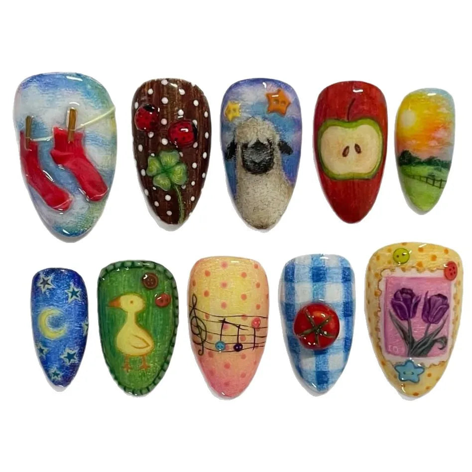 24pcs Cute Cartoon Fake Nail Tips Oil Painting Series Printed Almond Press On Nail Sweet Cool Charming False Nail For Spicy Girl Good Vibrations