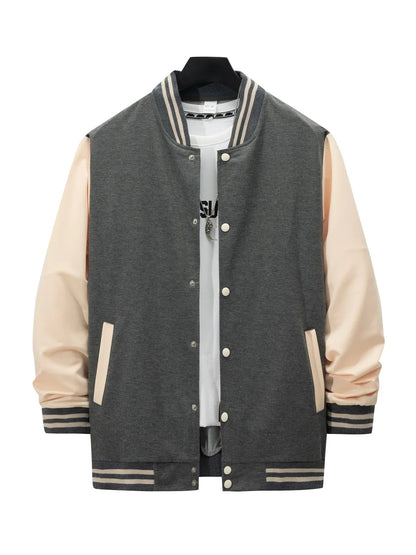 Men's Casual Baseball Jacket & Pants Color Block Polyester Button-Up with Belt Detail for Spring/Fall 1/2pieces Good Vibrations