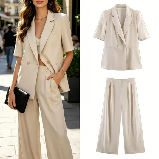 Women's Two Piece Suit Summer 2026 Double Breasted Short Sleeve Blazer High Waist Wide Leg Trousers Female Commute Office Set Good Vibrations