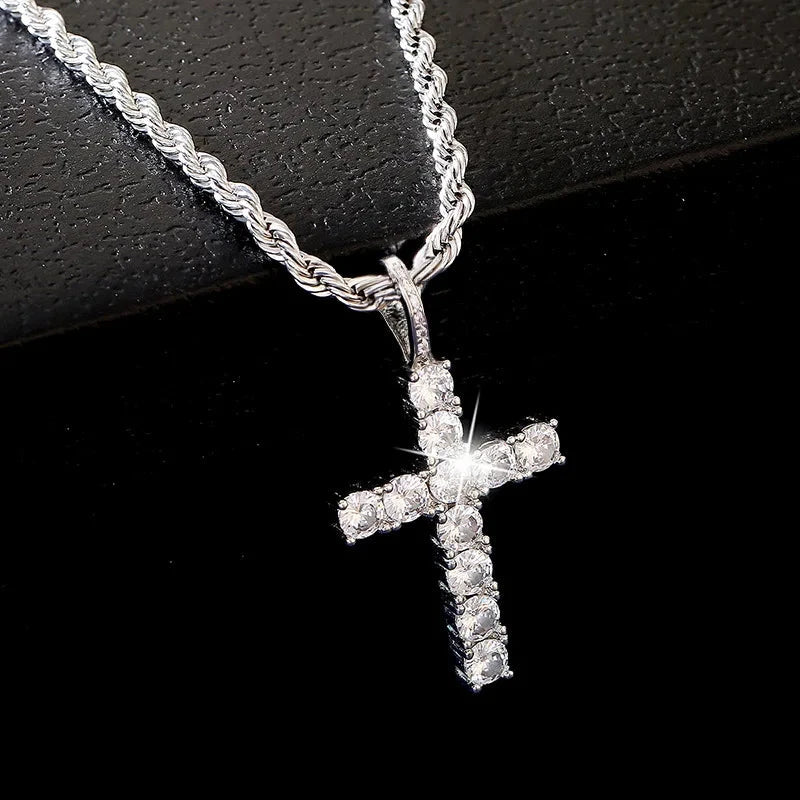 Iced Out Crystal Zircon Cross Pendant Necklace Silver Plated Twisted Chain Necklaces For Men Women Good Vibrations