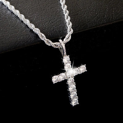 Iced Out Crystal Zircon Cross Pendant Necklace Silver Plated Twisted Chain Necklaces For Men Women