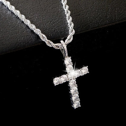 Iced Out Crystal Zircon Cross Pendant Necklace Silver Plated Twisted Chain Necklaces For Men Women Good Vibrations