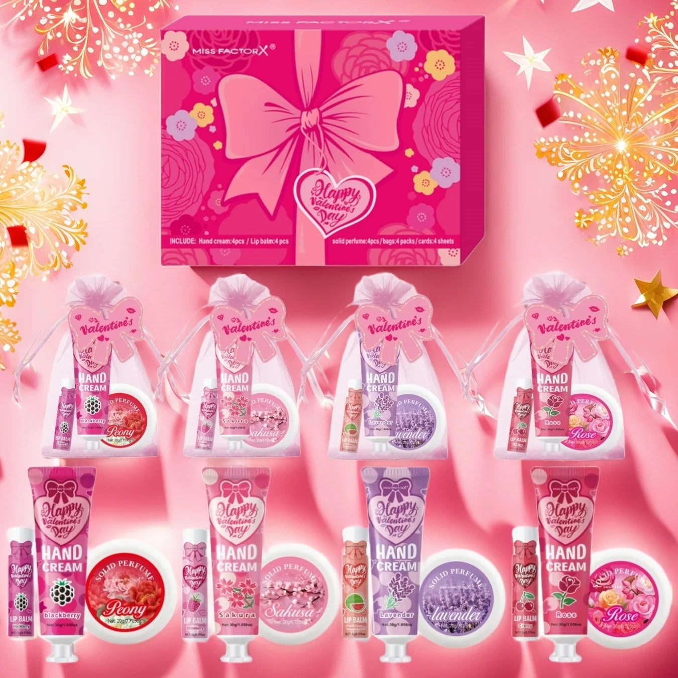 Gift sets 20PCS/box bulk thank you gifts assembly distribution lip balm hand cream perfume pink gift bag and bow card Good Vibrations
