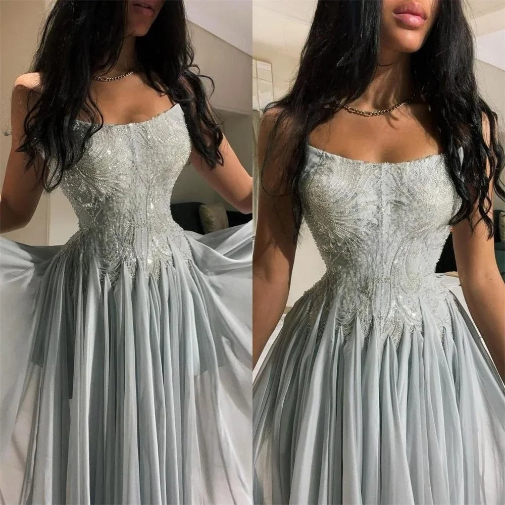 Customized Prom Dresses Exquisite  Strapless A-line Celebrity  Sequin Draped Chiffon Occasion Evening Gown  prom dress for black Good Vibrations