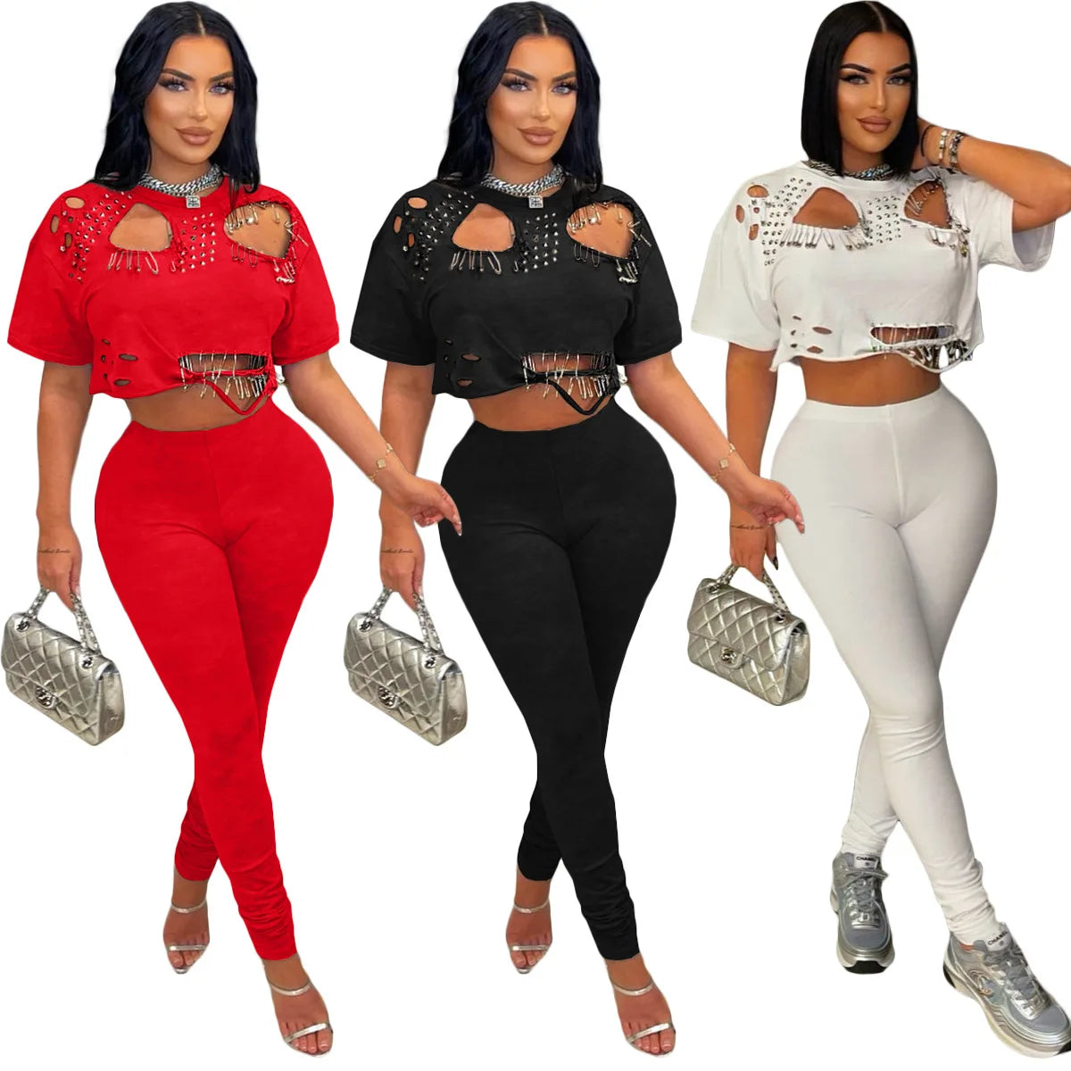 Women's Fashion White Two Piece Set Solid Loose Round Neck Piercing Pin Short T-shirt Pants 2026 Spring/Summer Set Red Black Good Vibrations