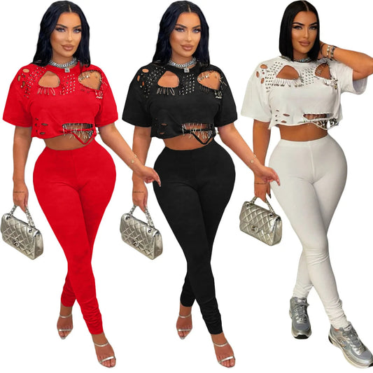 Women's Fashion White Two Piece Set Solid Loose Round Neck Piercing Pin Short T-shirt Pants 2026 Spring/Summer Set Red Black Good Vibrations