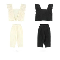 Girls' Clothing Set Hollow Lace Flying Sleeves Top+Cropped pants  Summer New Solid Color Minimalist Temperament Children's Set Good Vibrations