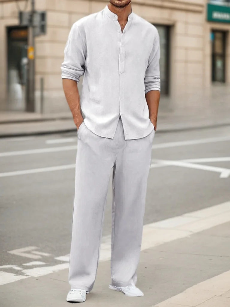 Men's Fall Casual Outfits Solid Color Henley Collar Long Sleeve Tops with Elastic Waist Pants Long Sleeve Pants Shirt Suit Good Vibrations