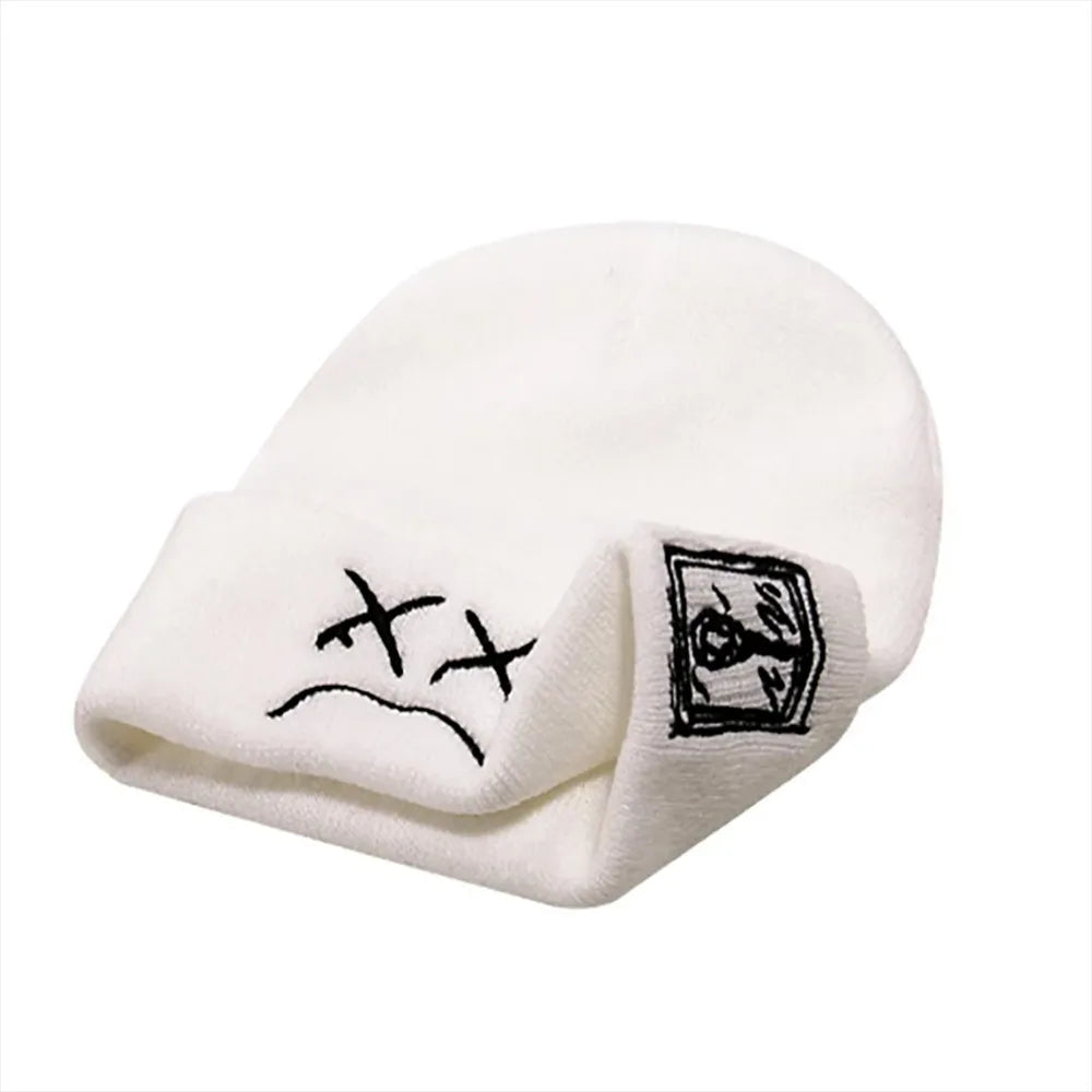 Hat Hip-hop Style Beanie Knitted Embroidered Knitted Hat With Sad Expression Warm Woolen Hat for Men and Women Fashion Cap Good Vibrations