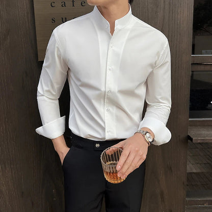 New Chinese Style Stand-Up Collar Shirt Luxury Solid Color Long Sleeve Slim Fit Elastic Casual Social Party Shirts Tuxedo 4XL-M Good Vibrations