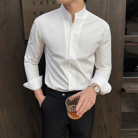 New Chinese Style Stand-Up Collar Shirt Luxury Solid Color Long Sleeve Slim Fit Elastic Casual Social Party Shirts Tuxedo 4XL-M Good Vibrations