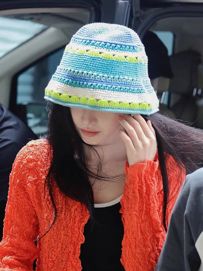 2024 Spring New Crochet Hat Korean Handmade Bucket Hat Women's Weaving Knitted Hat Y2k Fashion Flowers Autumn Winter Ins Beanies Good Vibrations