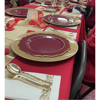 Plates Disposable, 50 Plastic Maroon Plates, Red Plastic Dinnerware Set, 25 10oz Cups, 75 Gold Cutlery, 25 Gold Napkins Good Vibrations