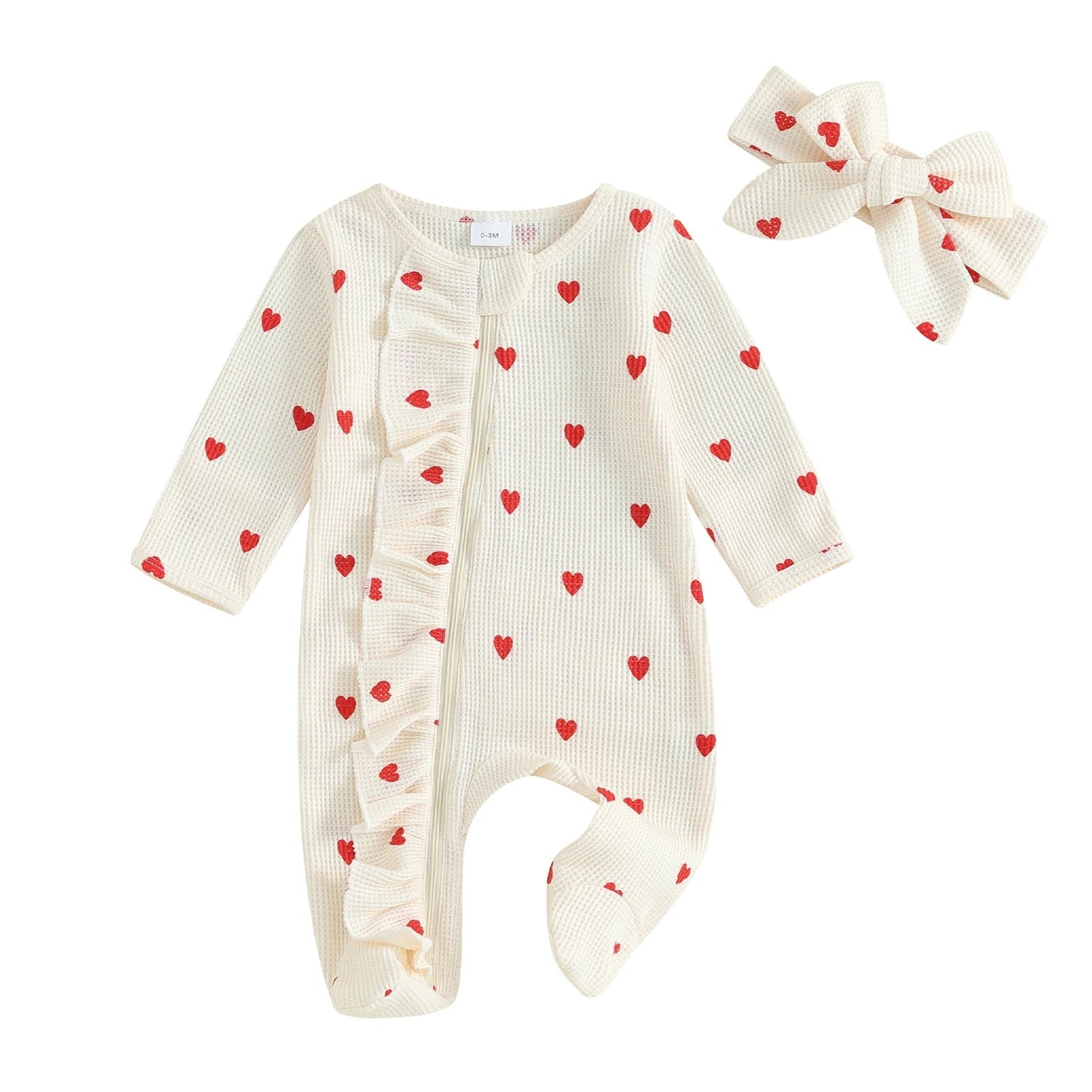 Pudcoco Baby Girls Valentines Day Foot Cover Jumpsuit Long Sleeve Crew Neck Heart Print Ruffle Zipper Footies with Headband 0-6M Good Vibrations
