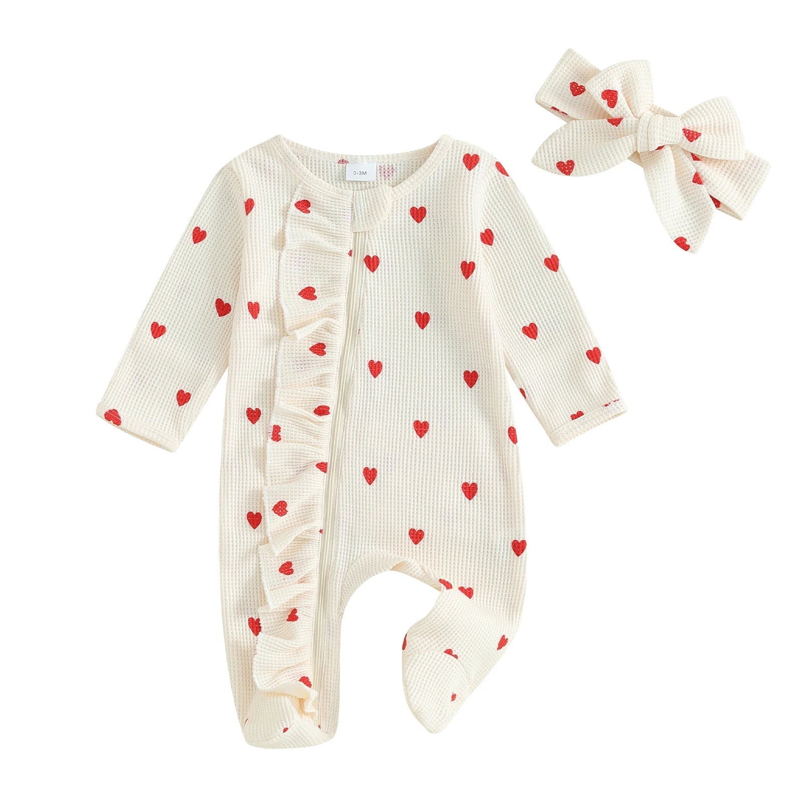 Pudcoco Baby Girls Valentines Day Foot Cover Jumpsuit Long Sleeve Crew Neck Heart Print Ruffle Zipper Footies with Headband 0-6M Good Vibrations