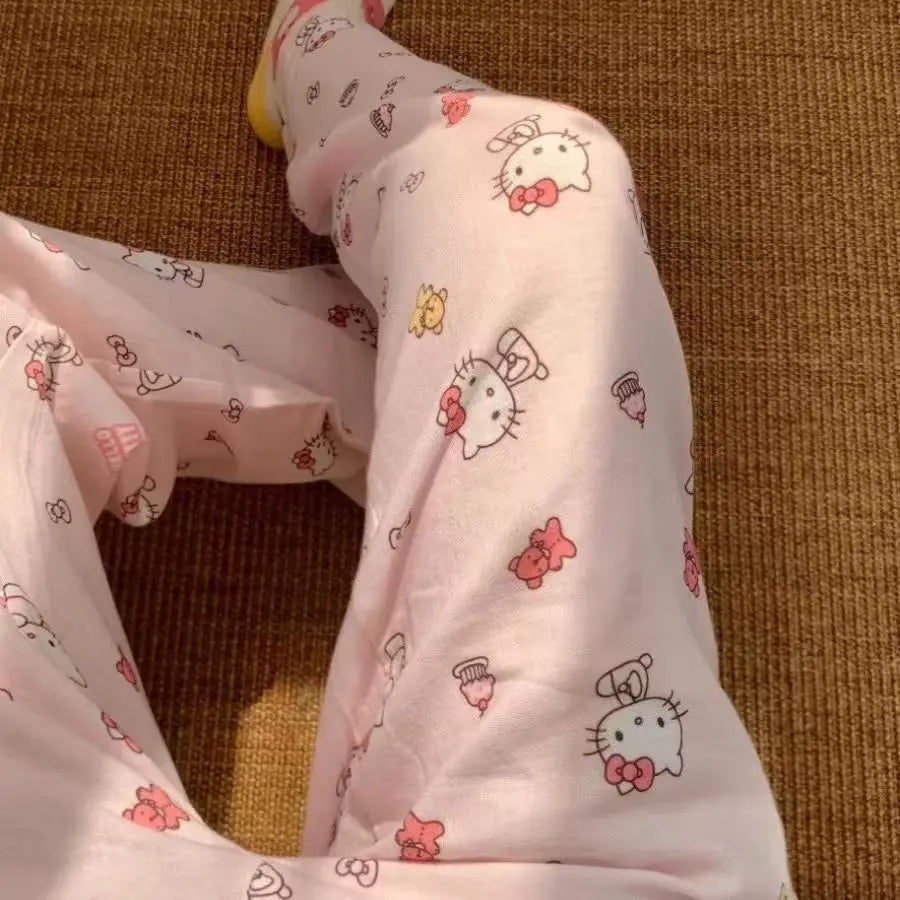 Sanrio Hello Kitty Pure Pajama Pants Wide Kawaii KT Cat Leg Pants Y2K Summer Thin High Waist Casual Trousers Birthday Gifts Good Vibrations