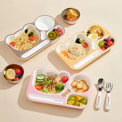 WORTHBUY Cartoon Plastic Divided Dinning Plate With Bowl Durable Bento Lunch Box For Kids Microwave Heatable Reusable Food Plate Good Vibrations