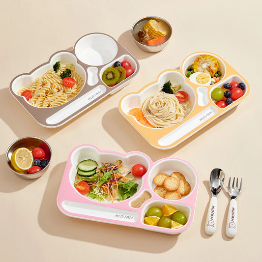 WORTHBUY Cartoon Plastic Divided Dinning Plate With Bowl Durable Bento Lunch Box For Kids Microwave Heatable Reusable Food Plate Good Vibrations