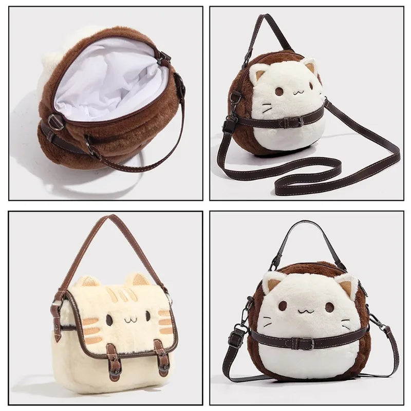 Cute Plush Cat Handbag Cute Stuffed Animal Handmade Backpack Large Capacity Shoulder Bag Good Vibrations