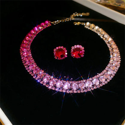 Luxury Crystal Necklace Earrings Set Pink ABcolourful Necklace for Women Weddings Party Jewelry Sets Accessories Good Vibrations Adult Super Store