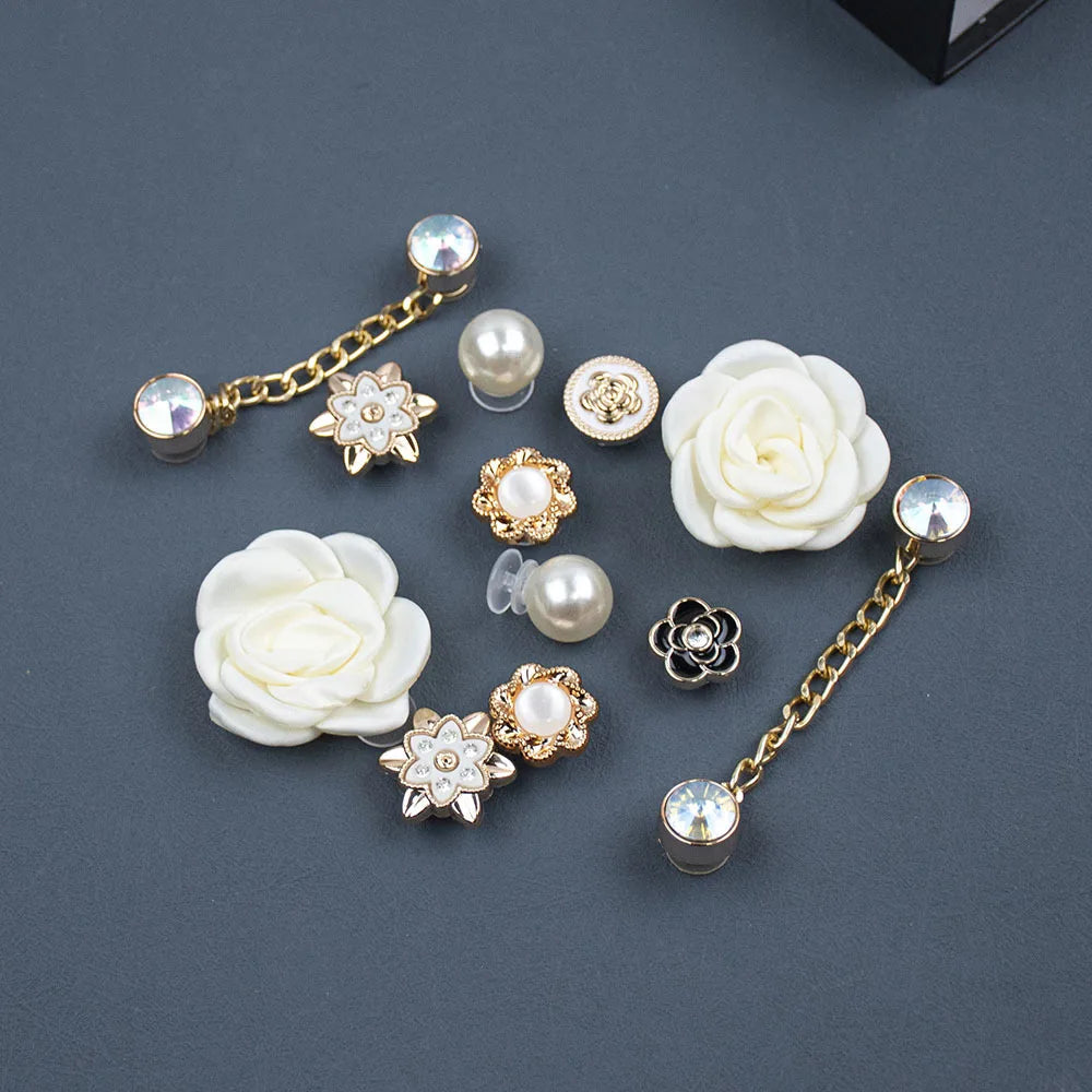 Shoe Charms DIY Fabric Rose Camellia Pearl Chain Decoration Buckle for Hole Shoe Charm Set Accessories Kids Party Girls Gift Good Vibrations