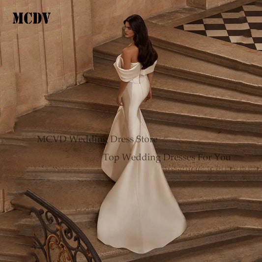 Satin Off Shoulder Wedding Dress Pleat Strapless Mermaid Bride Gown Detachable Train Vestido De noivas para casamento Customized Good Vibrations