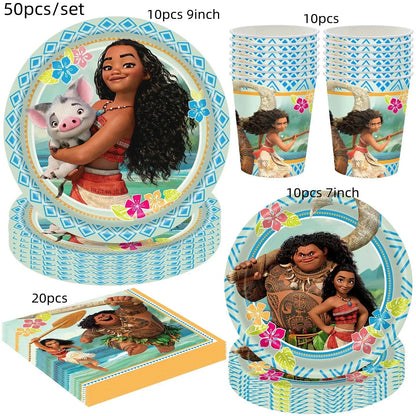 New MINISO Moana Theme Children Birthday Party Disposable Tableware Cup Plate Flag Kids Girls Wedding Party Decoration Supplies Good Vibrations