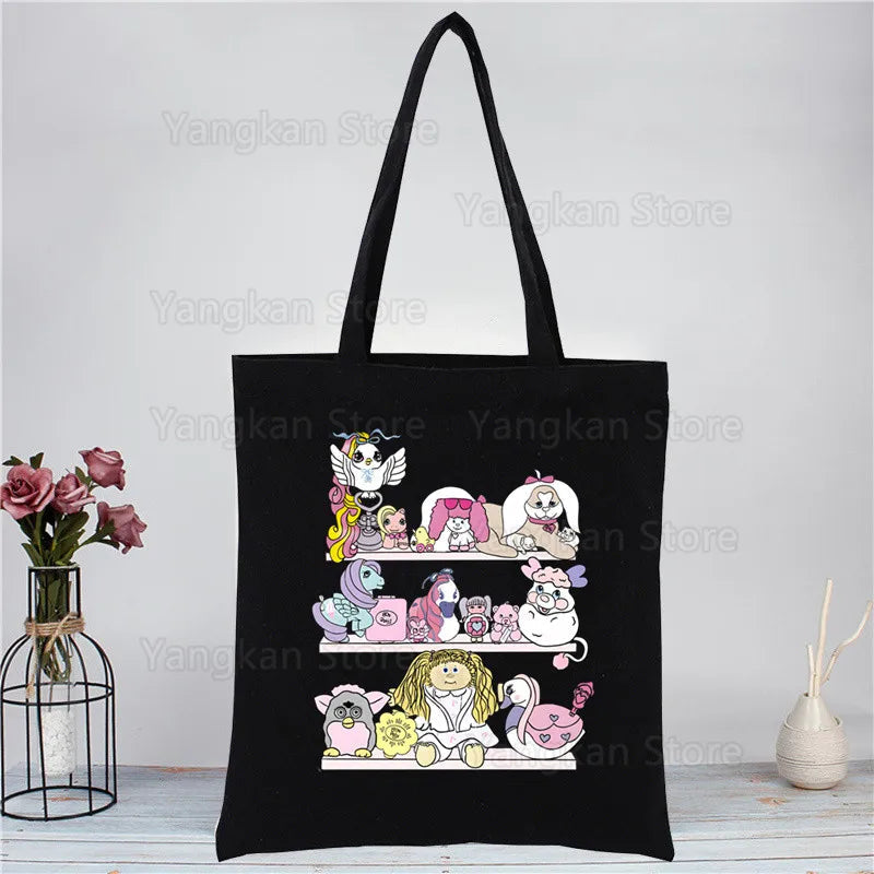 Kawaii Polly Pocket Shopping Bag Women Canvas Tote Bags Printing Eco Bag Cartoon Shopper Shoulder Bags Black Good Vibrations