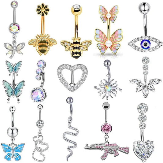 Dainsty Dangled Belly Button Rings Surgical Steel 14G Bar Navel Piercing Ring Crystal CZ Bee Flower Heart Belly Ring Ear Jewelry Good Vibrations Adult Super Store
