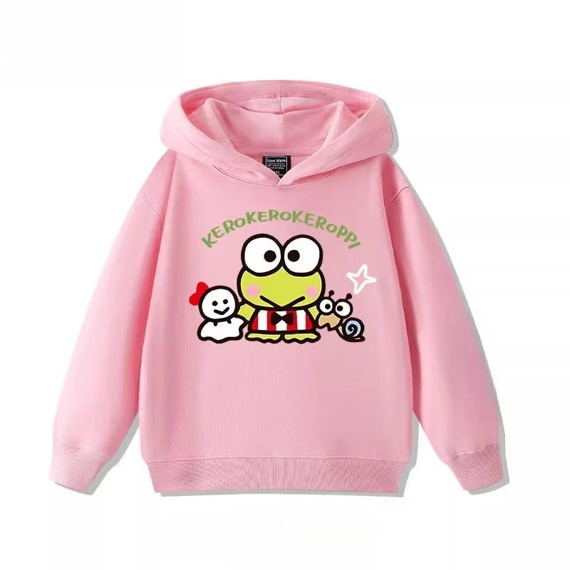 Sanrio's Cute Printed Hoodies for Boys and Girls with Big-eyed Frogs in Autumn Outdoor Casual Fashion for Children Good Vibrations