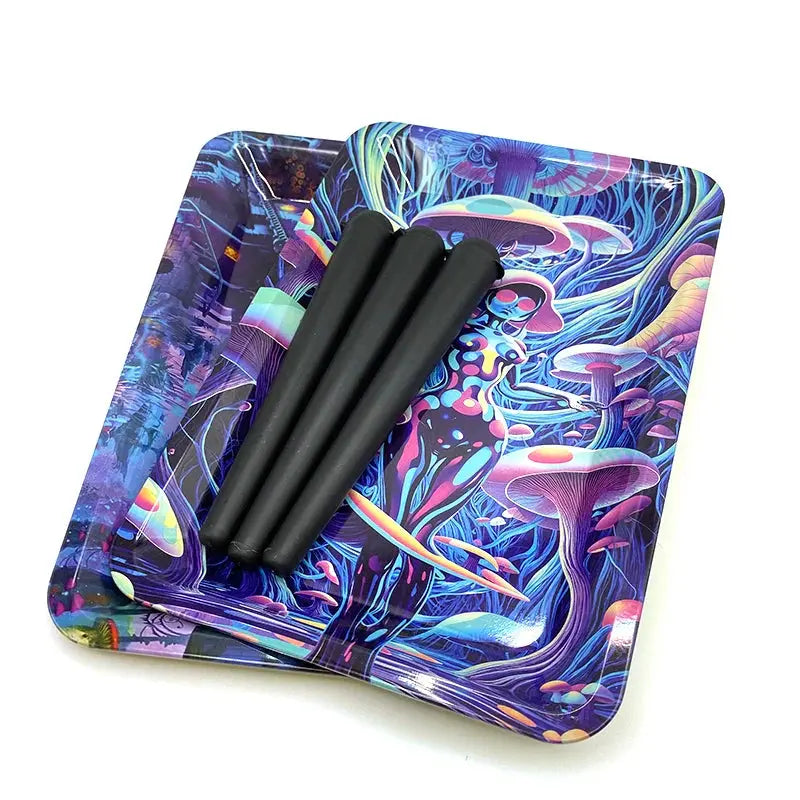 Rolling Tray 18X12.5CM with vibrant psychedelic design, including black accessories.