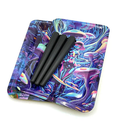 Rolling Tray 18X12.5CM with vibrant psychedelic design, including black accessories.