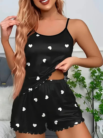5 Size Choose S M L XL 2XLWomen's Two-Piece Suspender Heart Printed Top and Shorts Women's Casual Printed Pajama Set Good Vibrations
